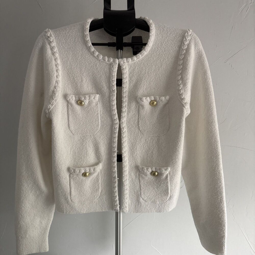 J.Crew Womens White Boucle Lady Jacket Cardigan Large Gold Crest Buttons Pocket